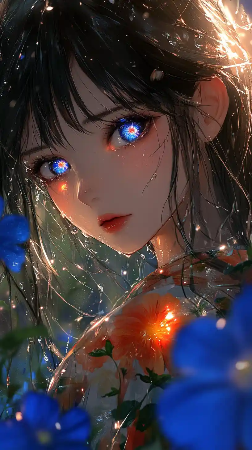 Ragazza anime in kimono con occhi di galassia luminosi