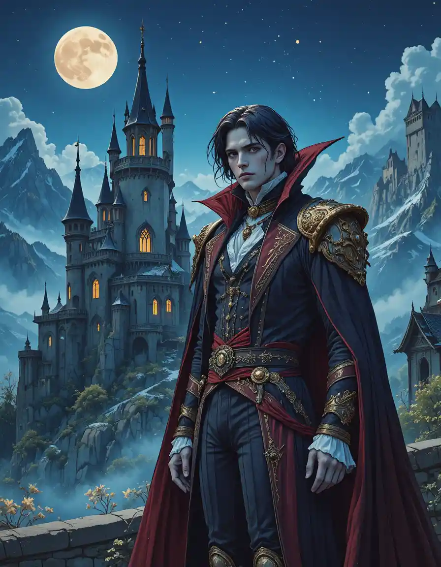 Vampire highlord before a moonlit gothic mountain castle