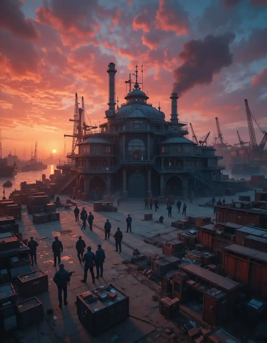 Aerial view of gangsters guarding docks at sunset