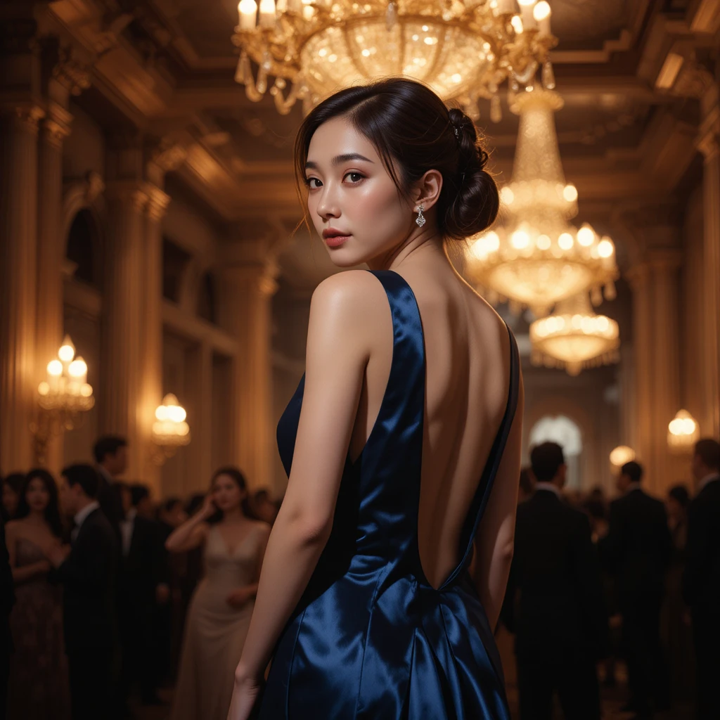 Elegant woman in midnight blue gown at a golden ballroom