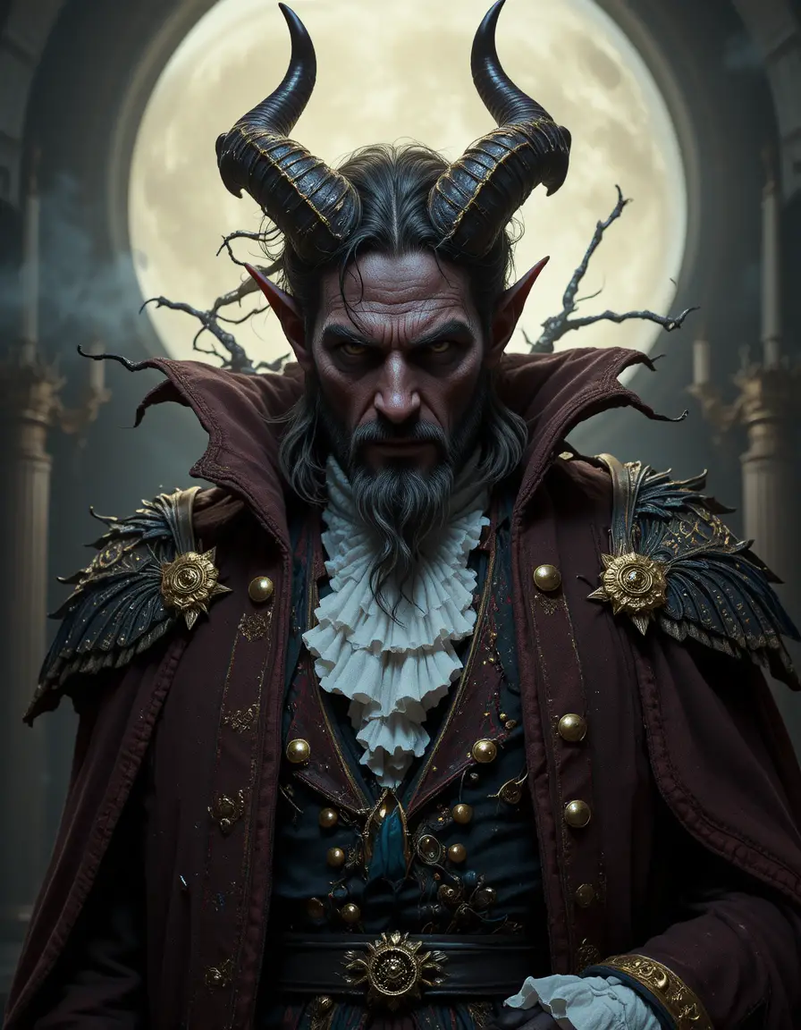 Moonlit portrait of a regal devil highlord in 1800s attire