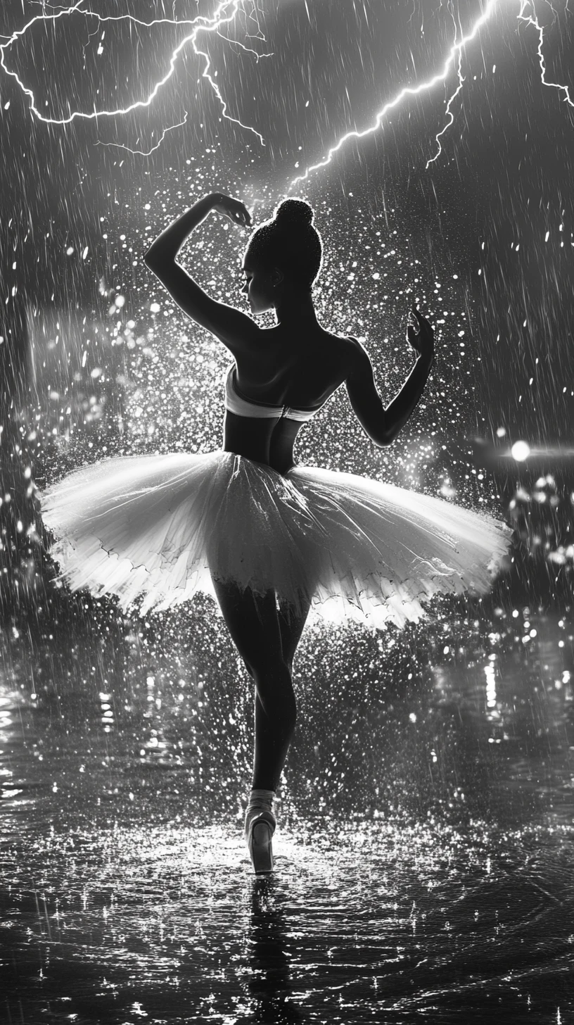 Ballerina dancing in the rain with dramatic electric light