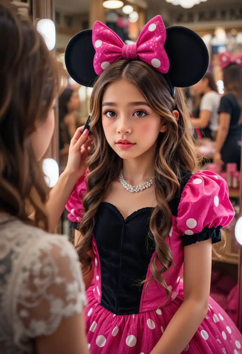 Young boy in pink Minnie dress getting makeup in boutique