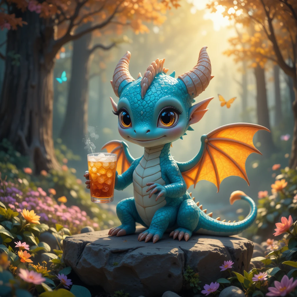 Cute baby dragon relaxing in a glowing fantasy forest