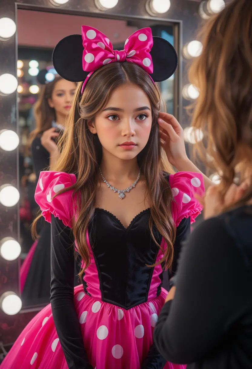 Ragazzo apprensivo in abito rosa di Minnie davanti allo specchio del trucco