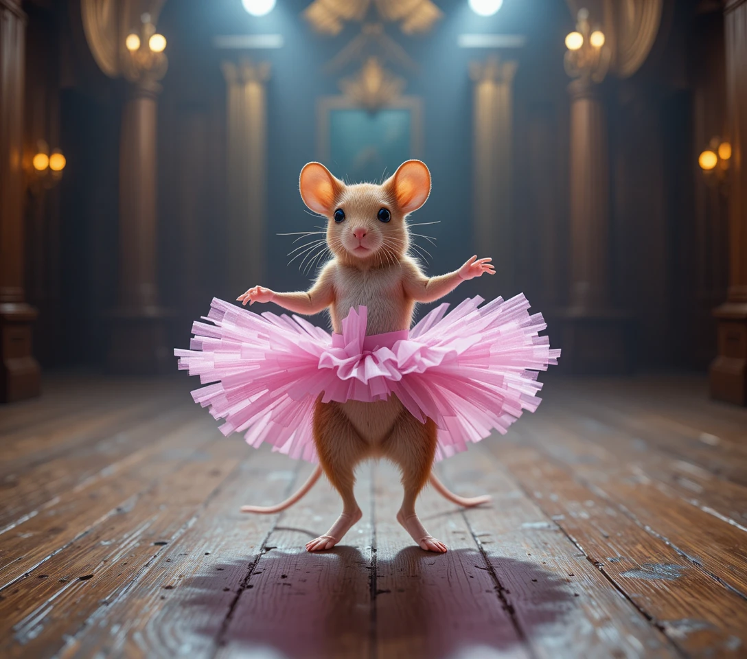Cute ballet mouse dancing on a wooden theater stage