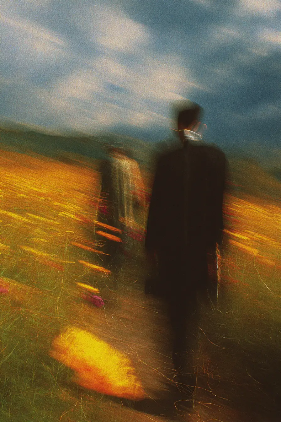 Surreal romantic diorama couple dissolving in dreamy motion