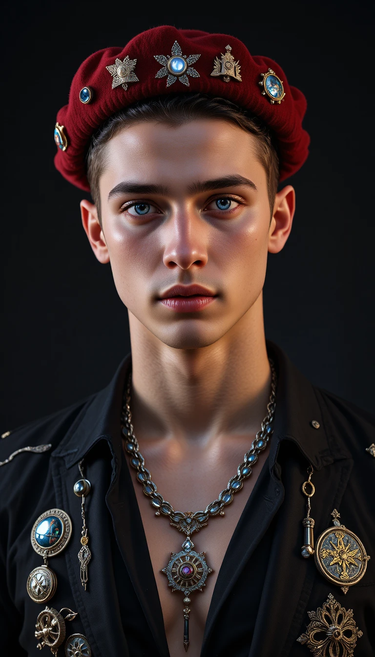 Young man in cherry beret with jewelry against dark background