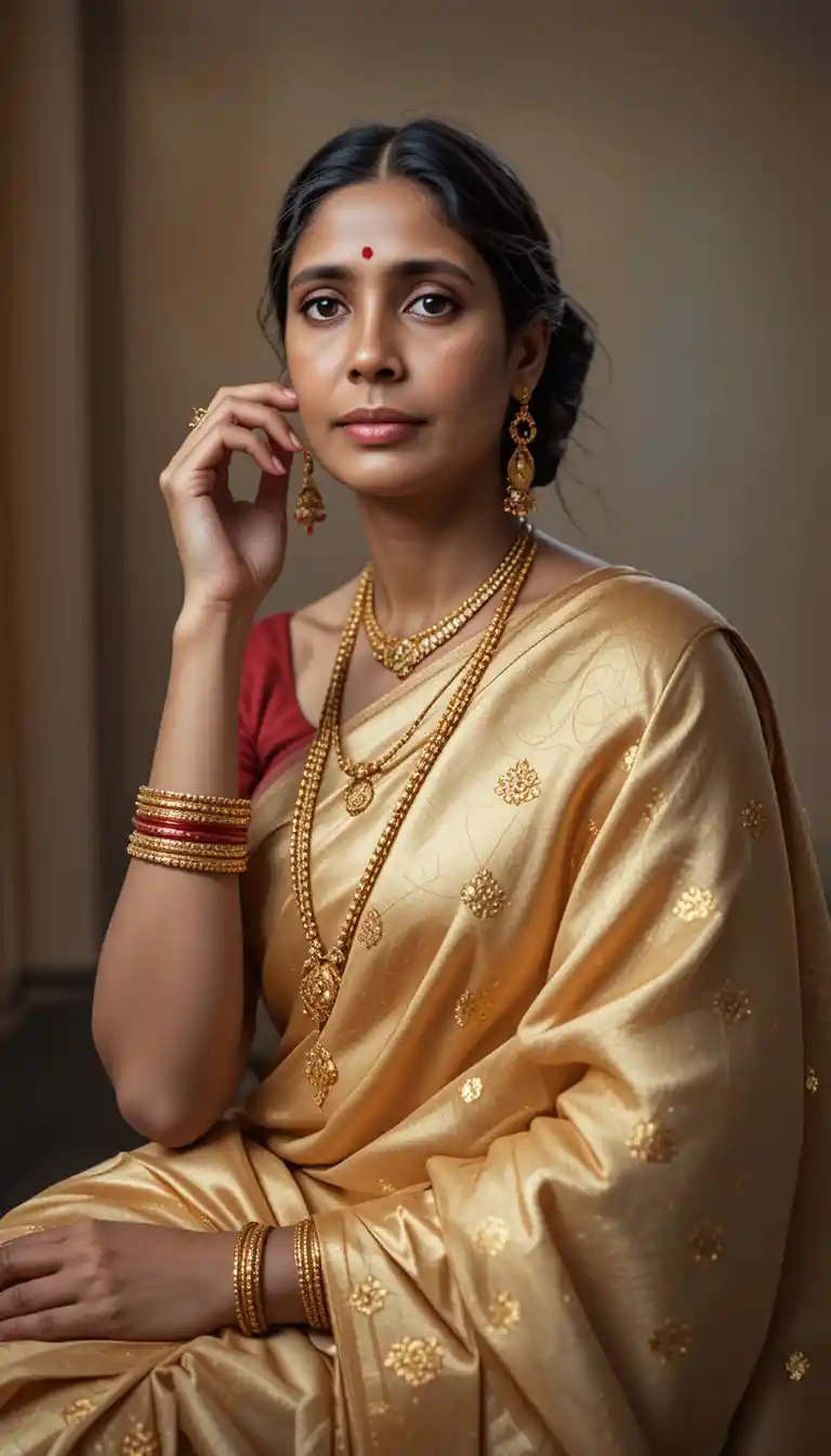 Elegante donna dell'Asia meridionale con sari dorato e gioielli d'oro