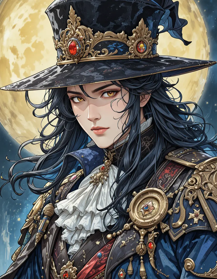 Moonlit fantasy highlord black mage close up illustration
