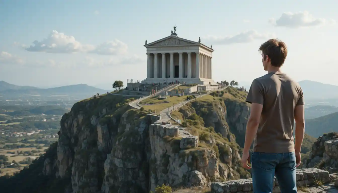 Teenage boy looking over a valley toward ancient monument