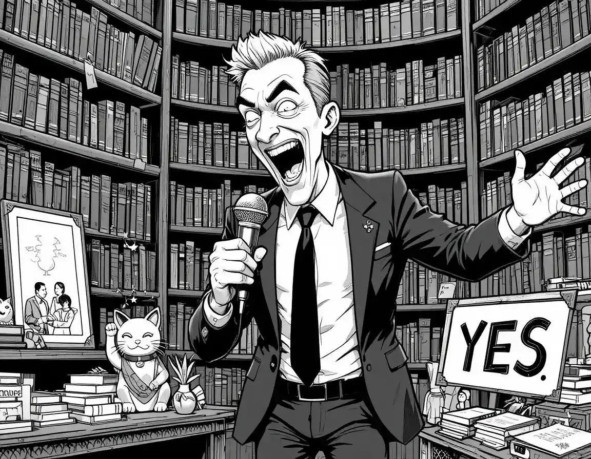 Man shouting into vintage microphone in dramatic library