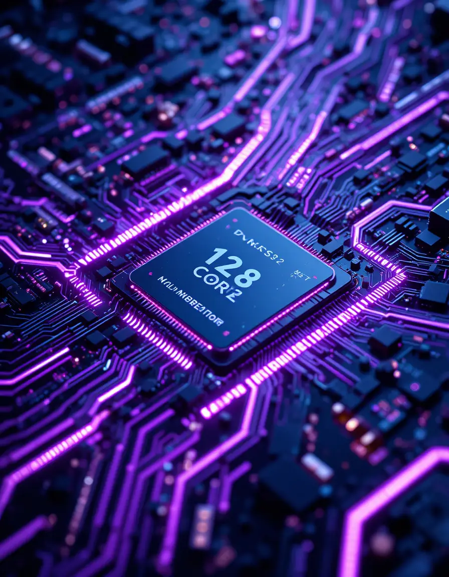 Vista macro futuristica di una luminosa scheda circuito del processore