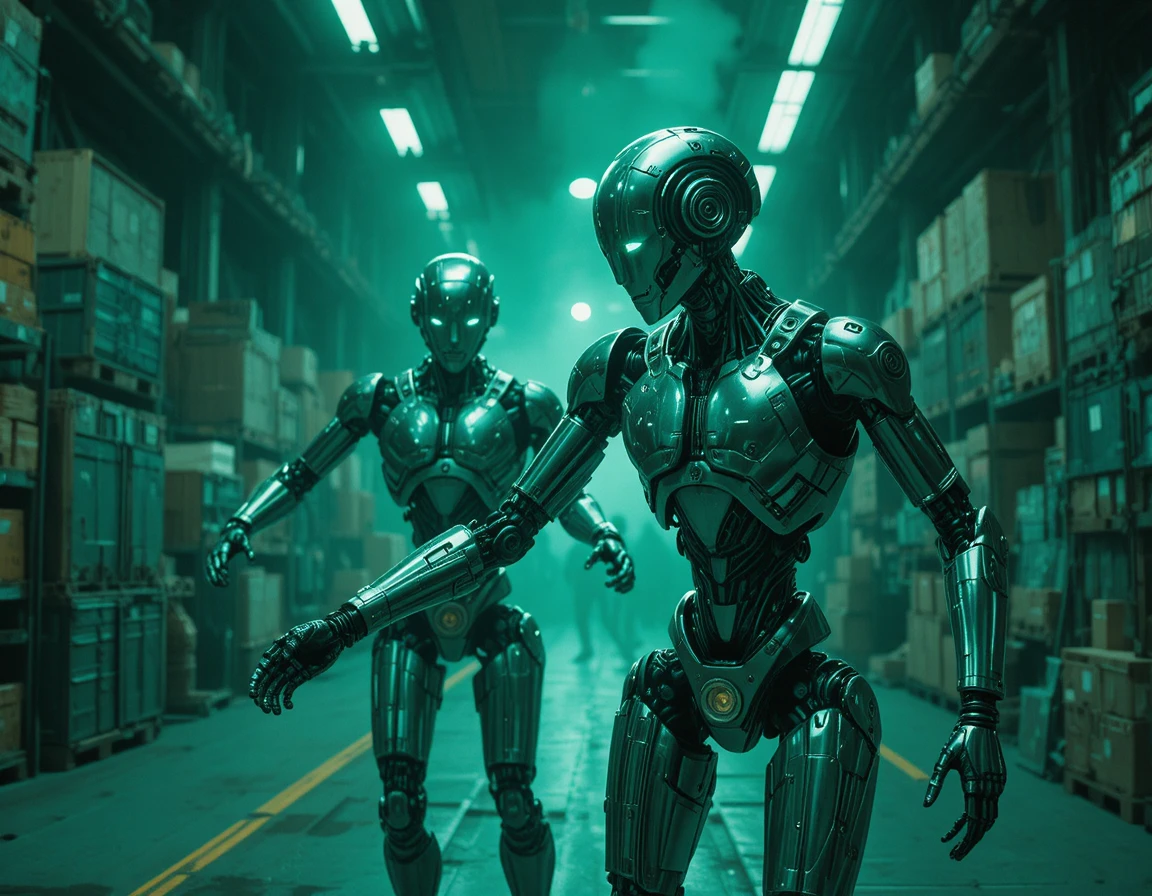 Humanoid robots in a green lit futuristic industrial warehouse