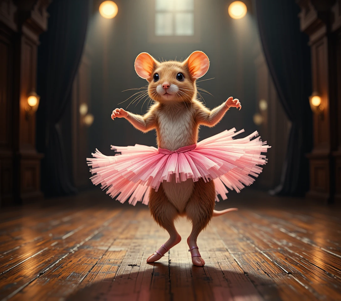 Tiny ballet mouse dancing on a wooden theater stage