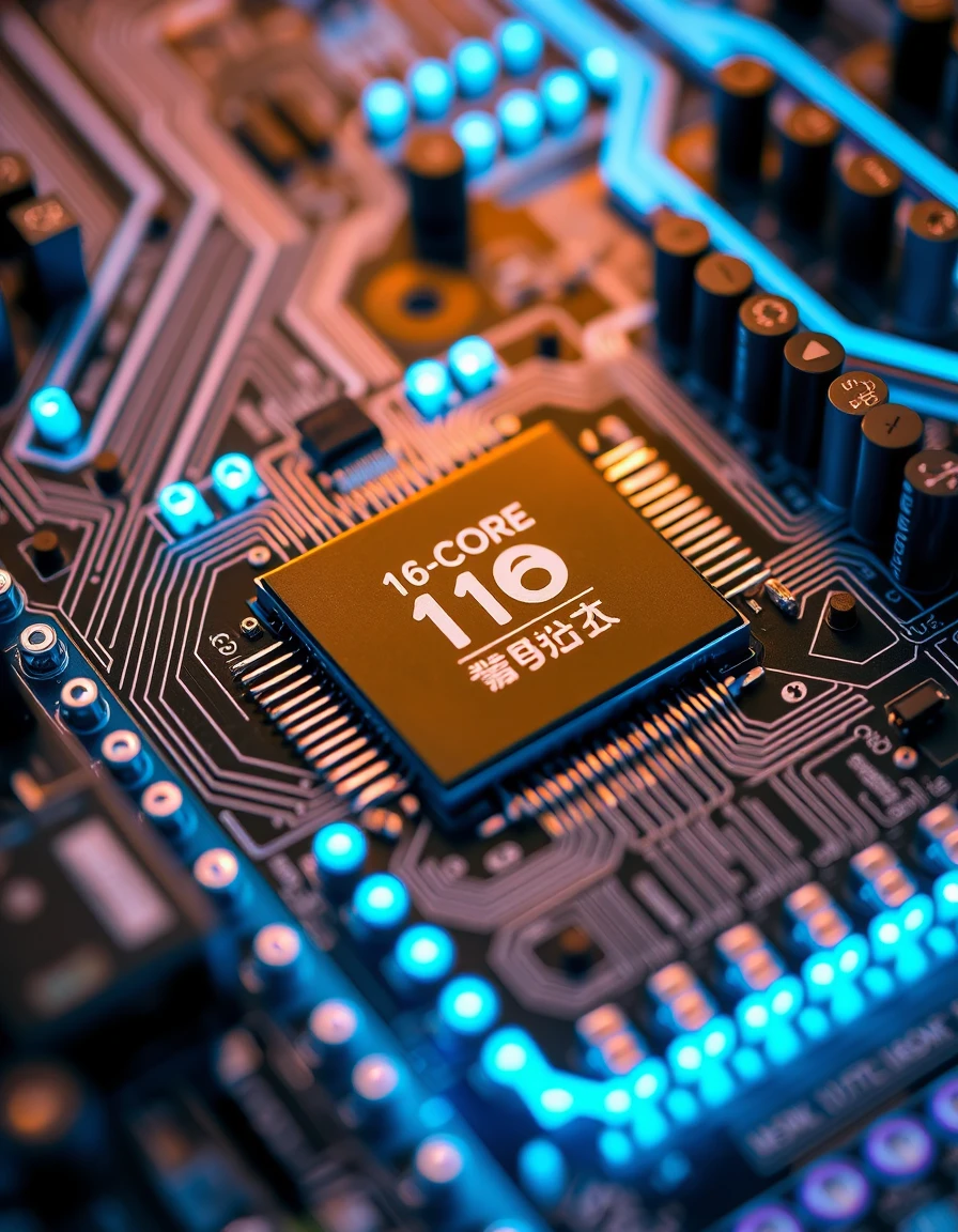 Macro view of neon lit circuit board with processor