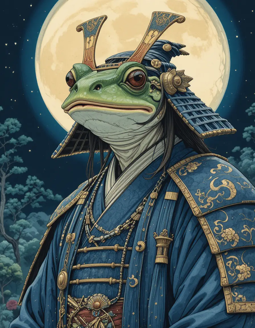 Signore samurai rana al chiaro di luna con armatura blu tradizionale