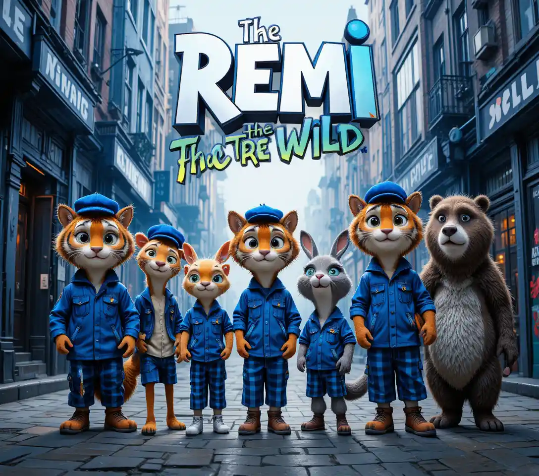 Anthropomorphic cartoon animals on a city street poster