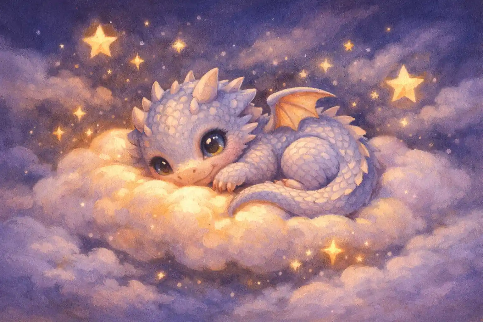Tiny baby dragon curled on a glowing cloud pillow