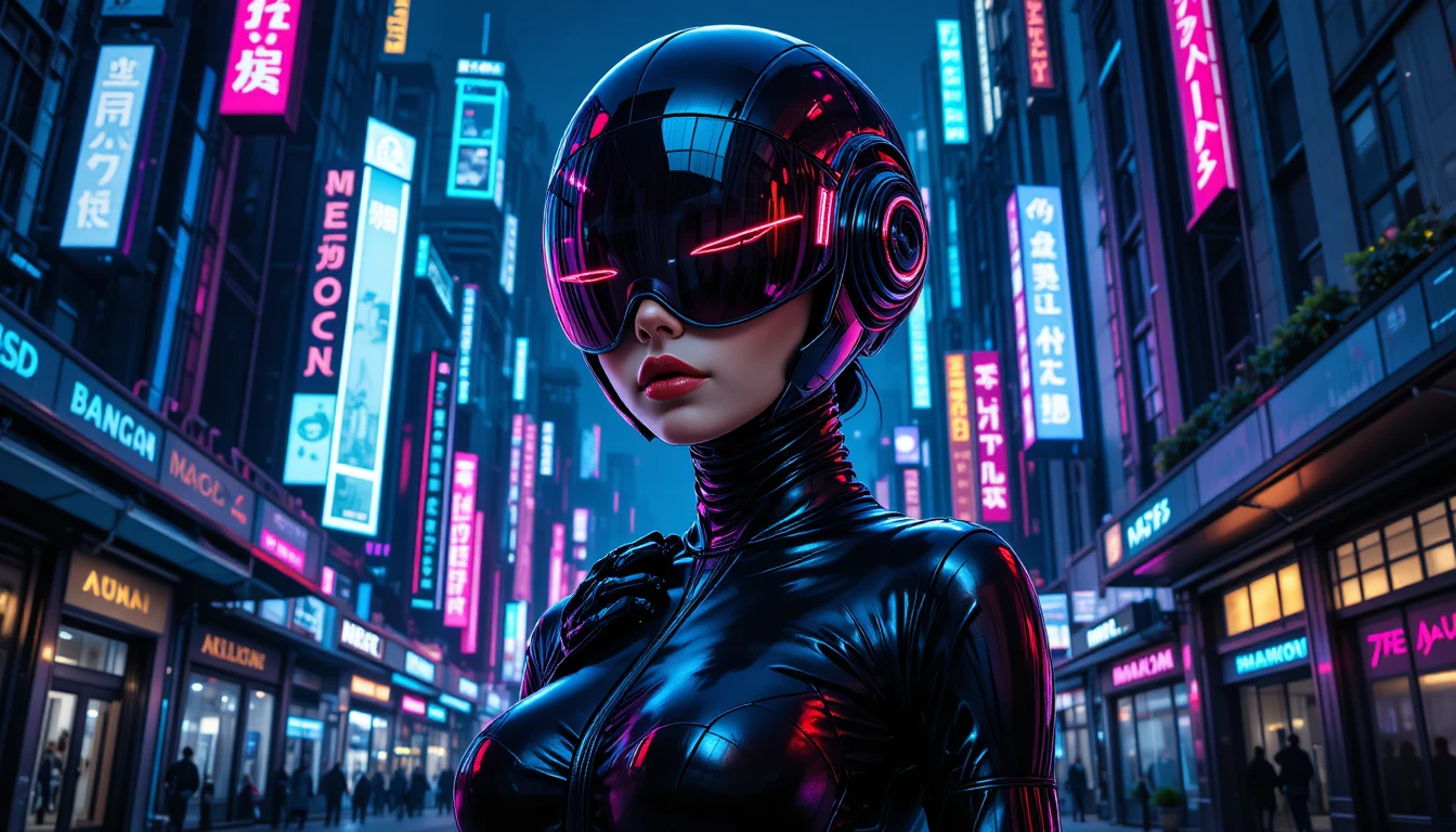 Androgynous hero in neon lit cyberpunk city close up
