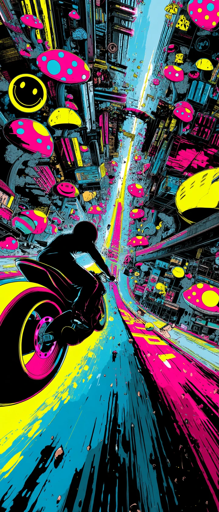 Pilota di street race in stile anime su moto al neon in città di funghi sorridenti