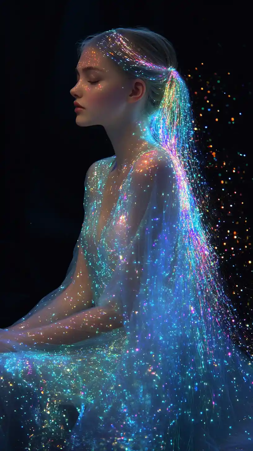 Ethereal anime woman in starlit translucent gown in profile