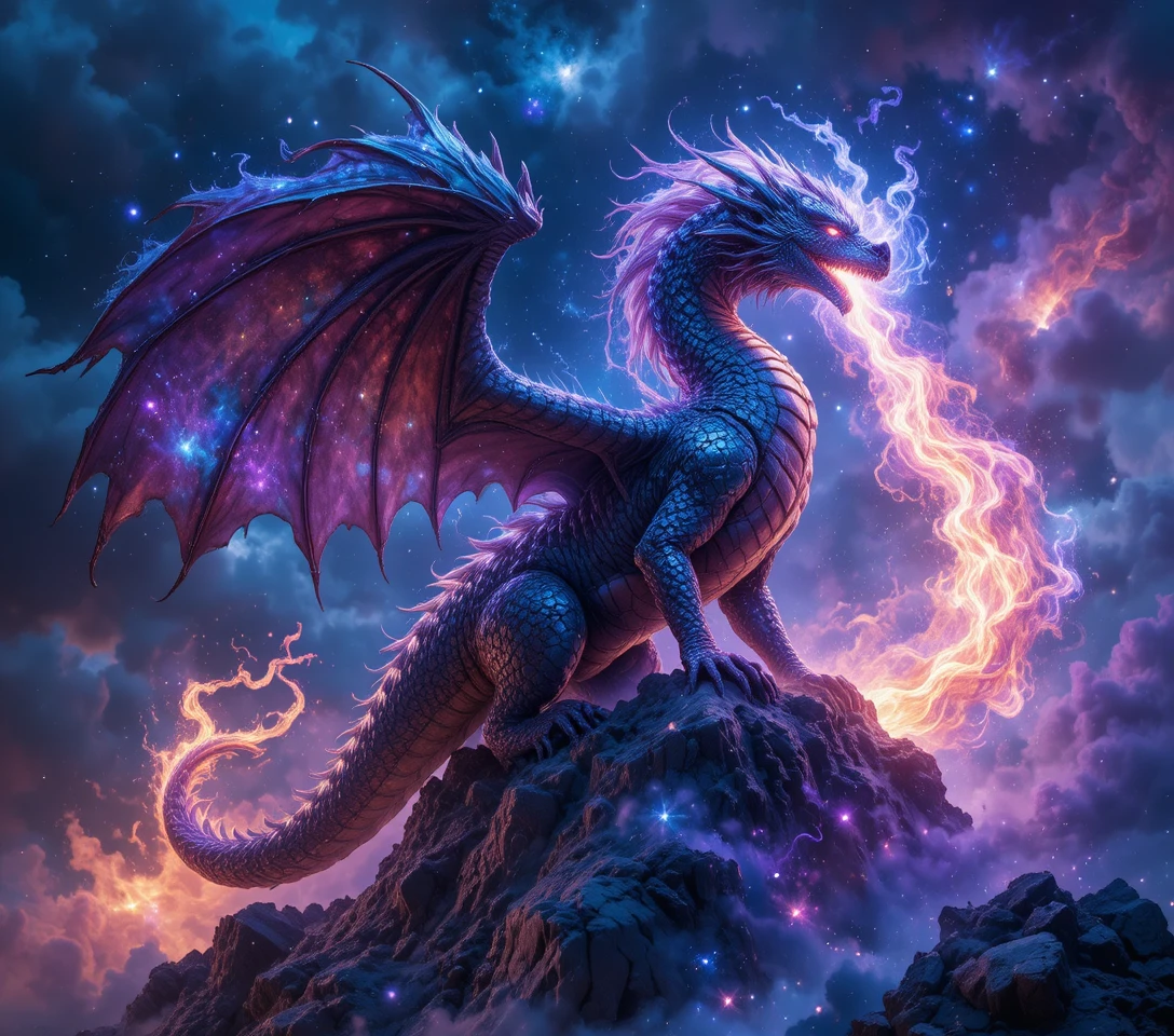 Nebula storm dragon on crystal mountain breathing cosmic fire
