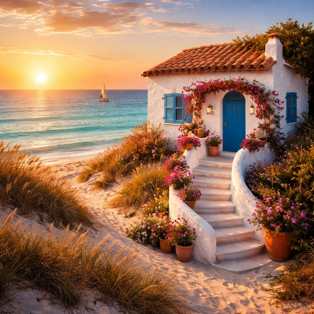 Mediterranean seaside cottage at sunset above turquoise ocean