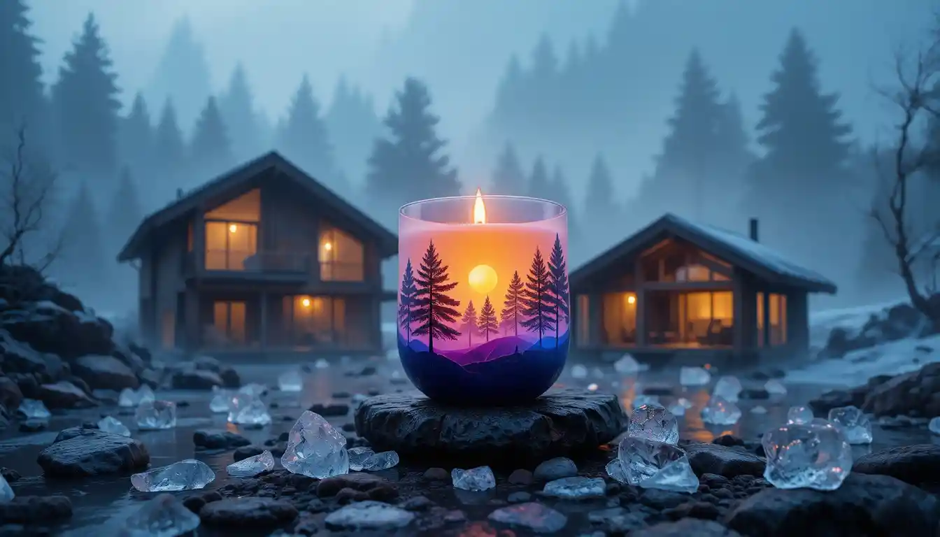 Surreal candle with cosmic landscape glowing in the dark