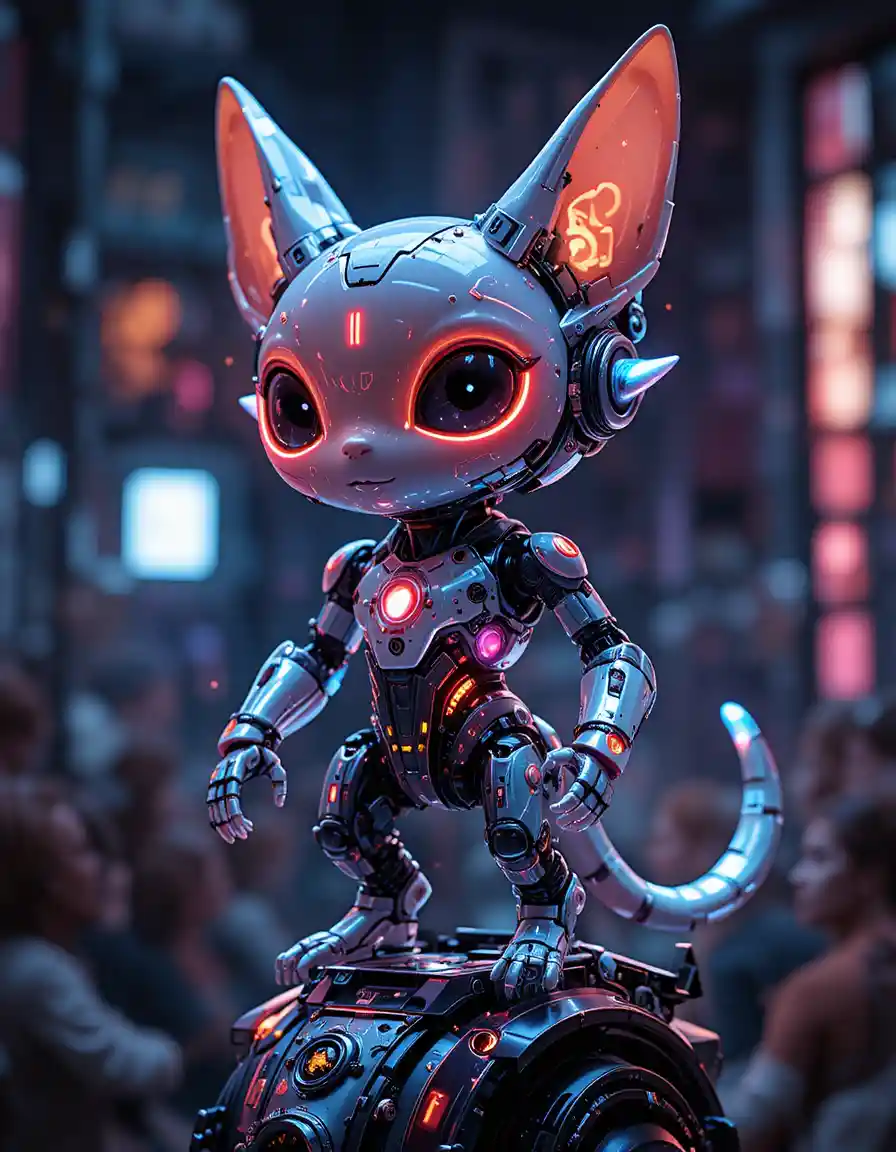 Futuristic neon robotic creature with glowing eyes
