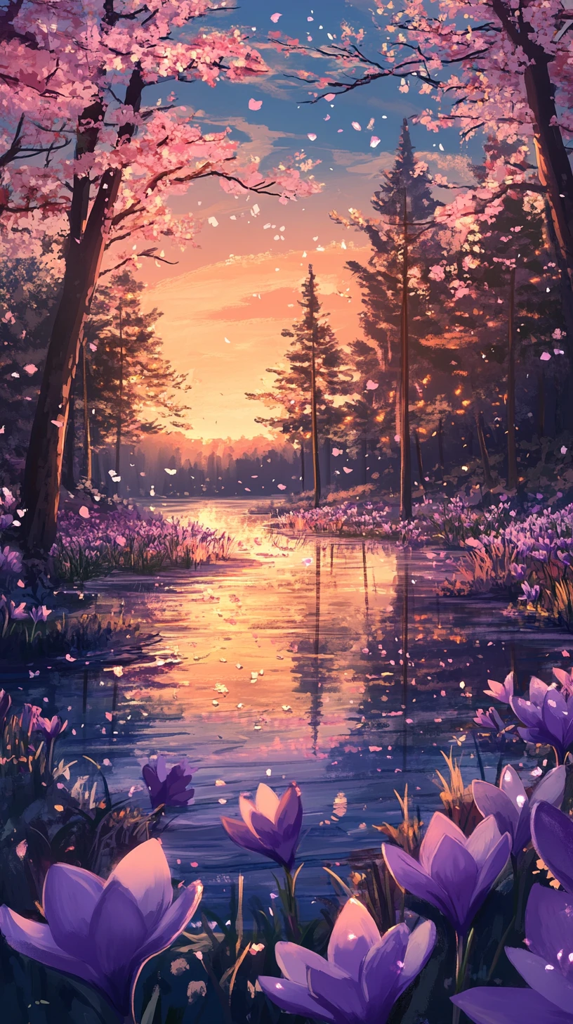Peaceful spring pond with blooming flowers and pink trees
