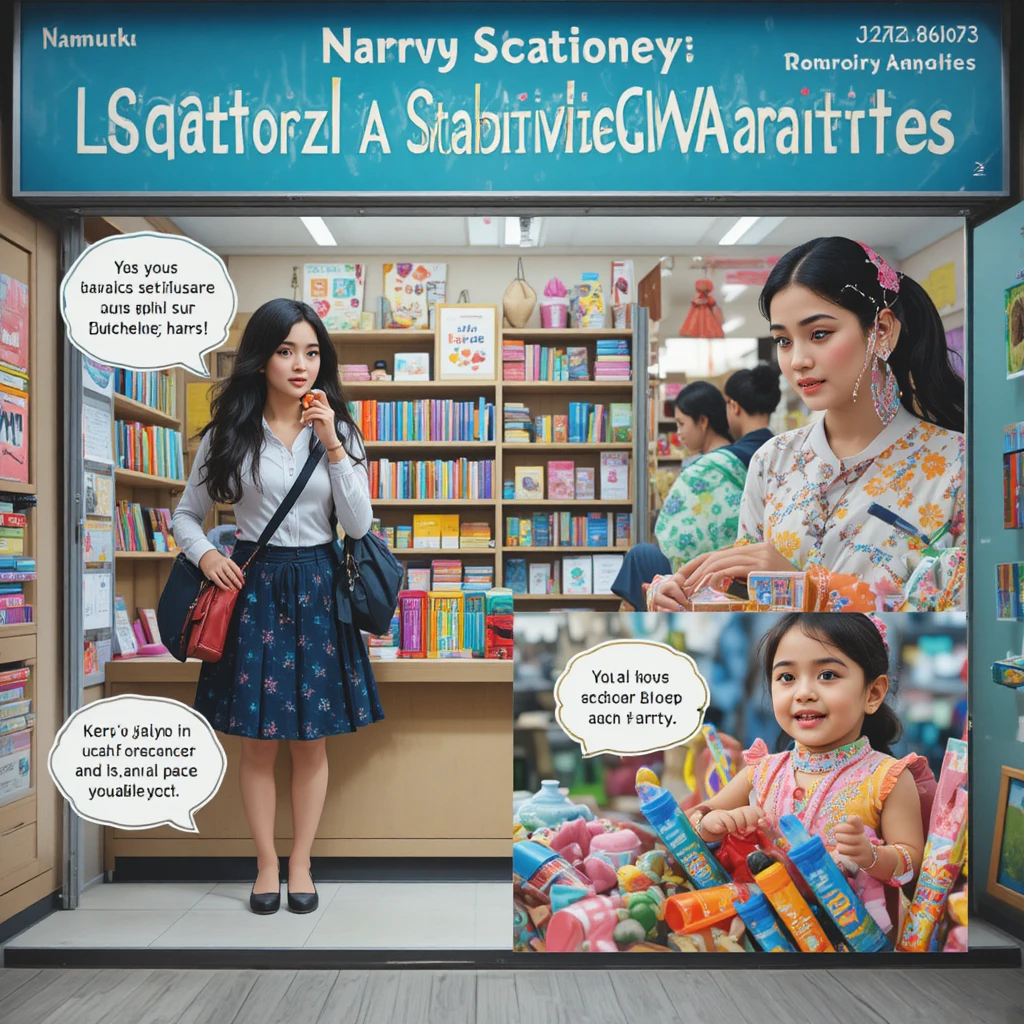 Schoolgirl standing outside Lavanya Stationery and Varieties shopfront
