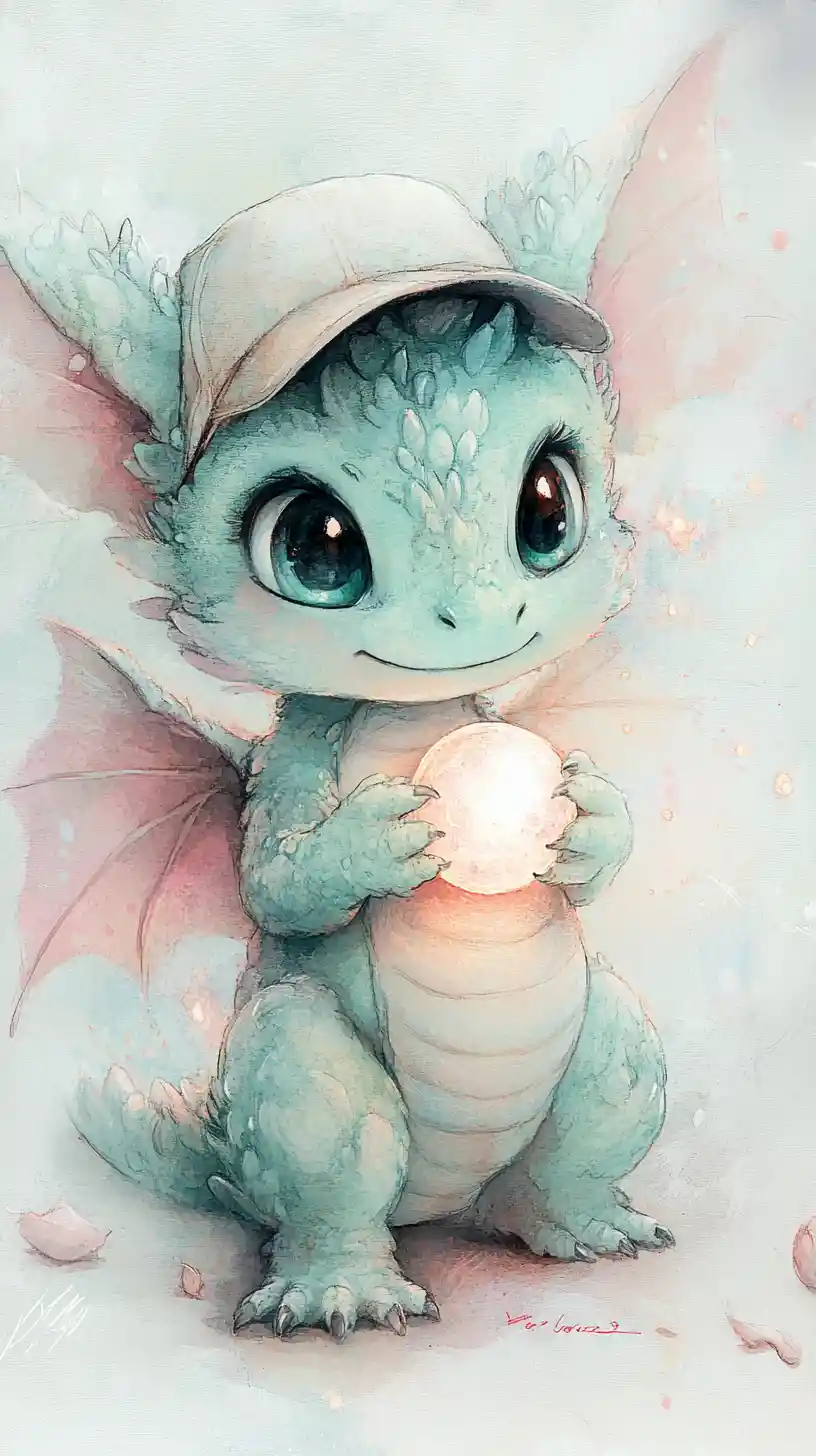 Cute baby dragon with glowing belly in pastel watercolor