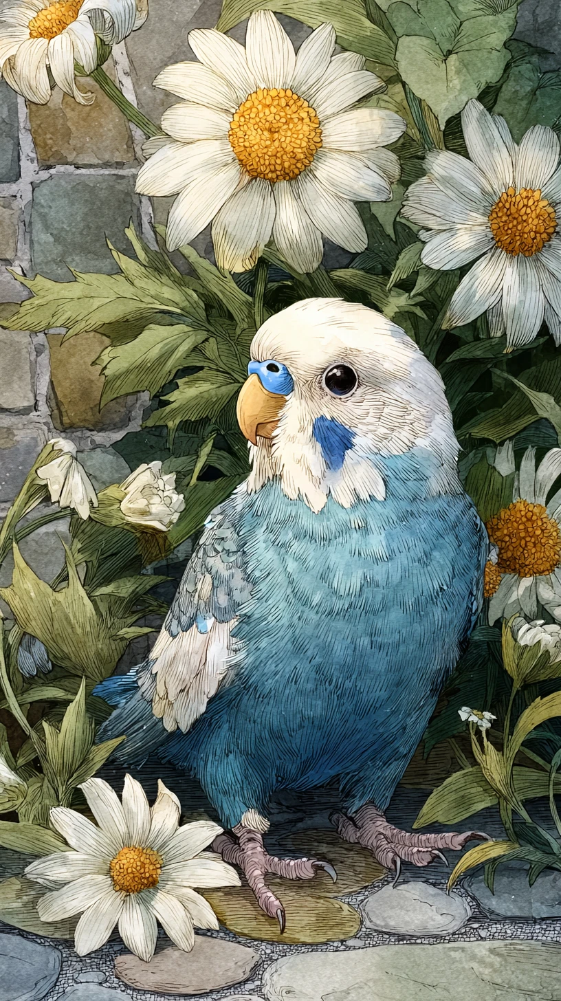 Blue and white bird among daisies on cobblestone path