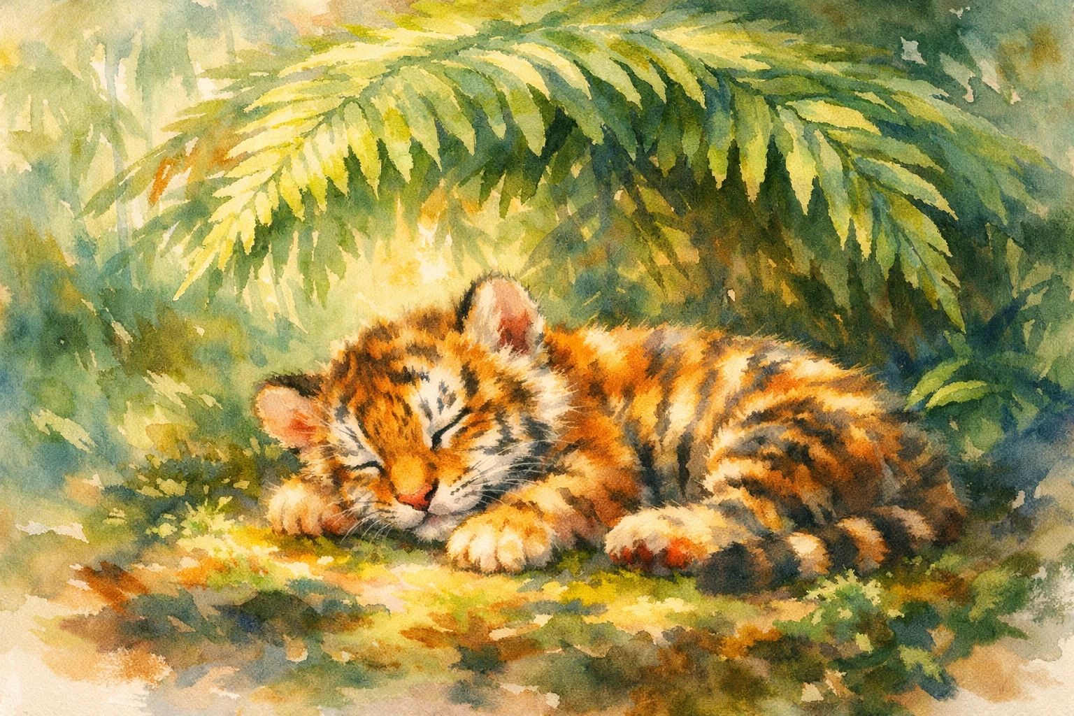 Watercolor baby tiger resting under ferns in rainforest