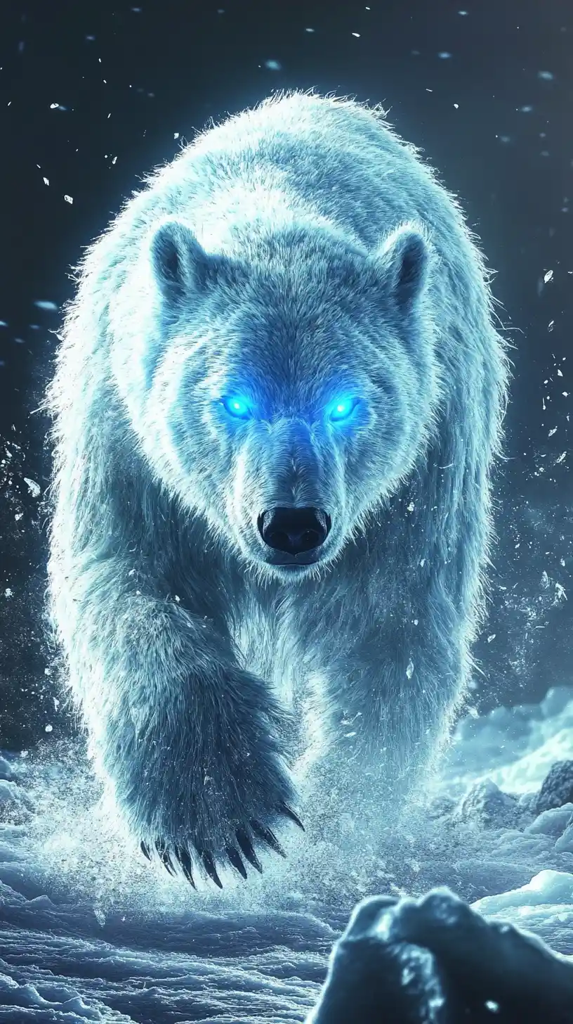 Glowing Ice Polar Bear Striding Through Dark Arctic Snow