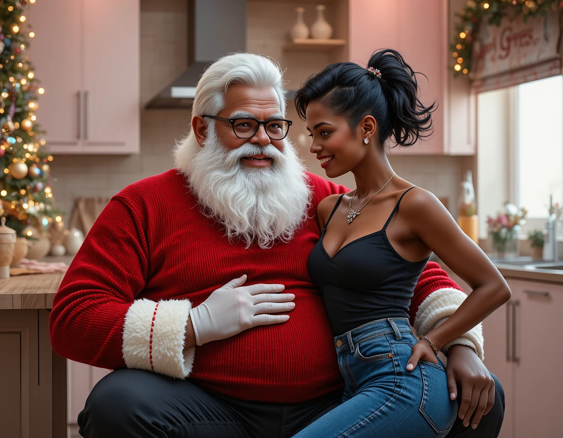 Smiling boy leaning close to Santa in warm christmas scene
