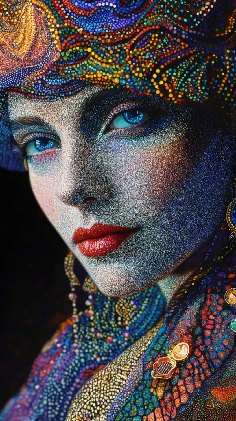 Surreal faceted woman rendered in abstract pointillist style