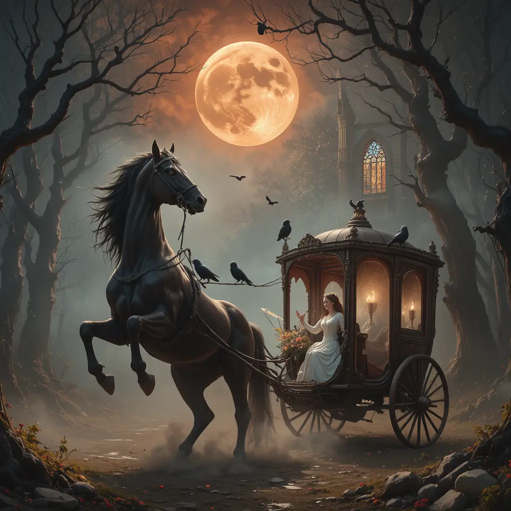 Cursed horse rearing before a ruined wedding carriage