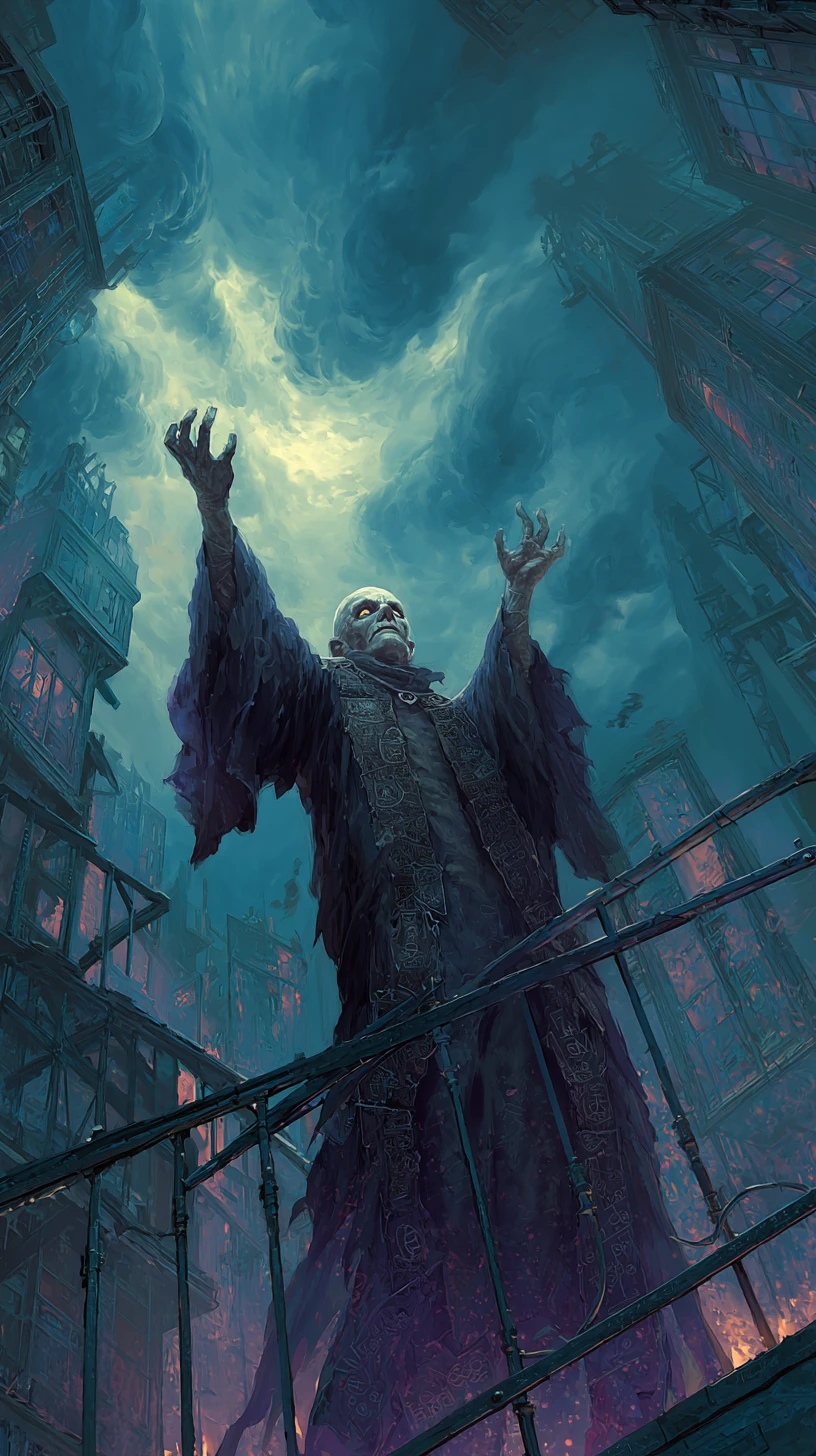 Ancient wizard casting a storm spell on a glass tower
