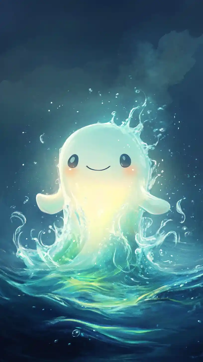 Cute glowing wave character in a pastel ocean scene