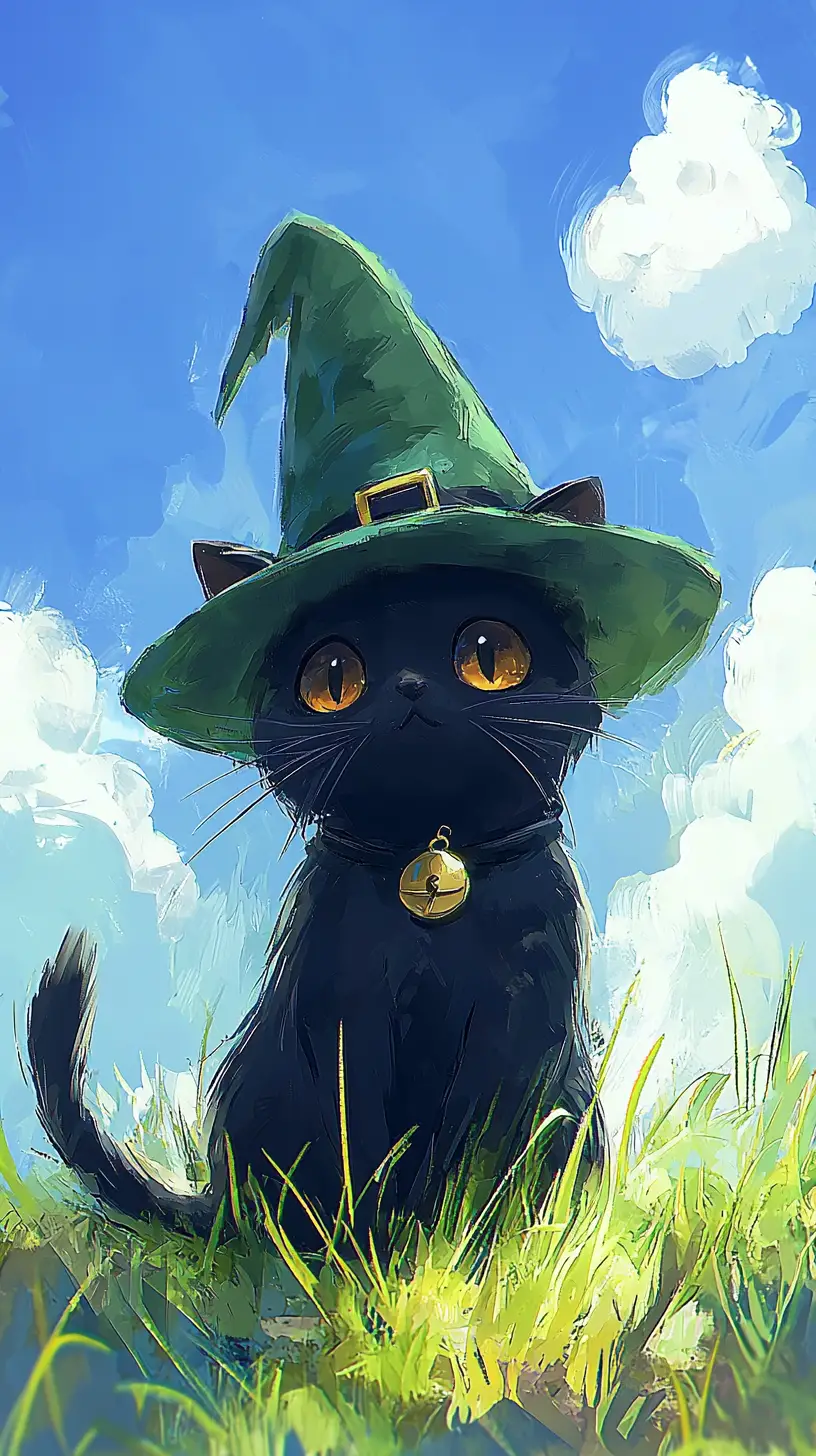 Cute black cat in witch hat in green grass field