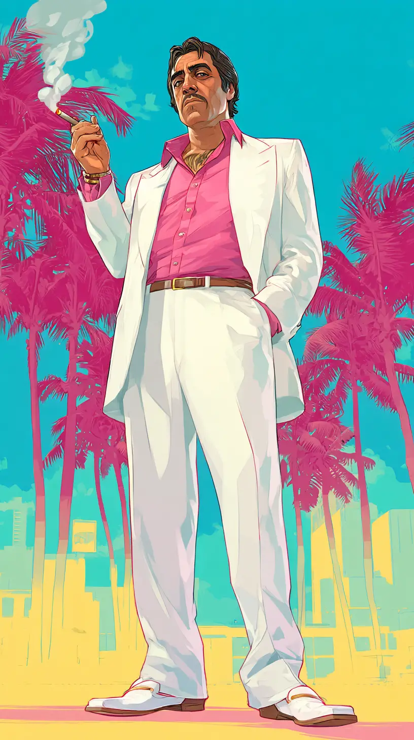 Stylized man in white suit in vibrant Miami street
