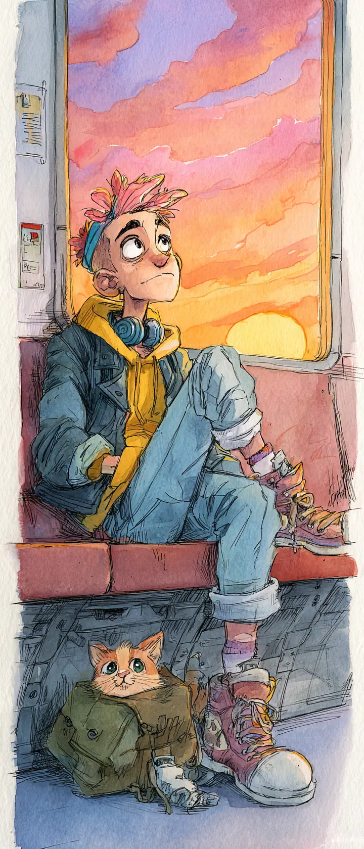 Happy cartoon bear dancing on a train with lemonade