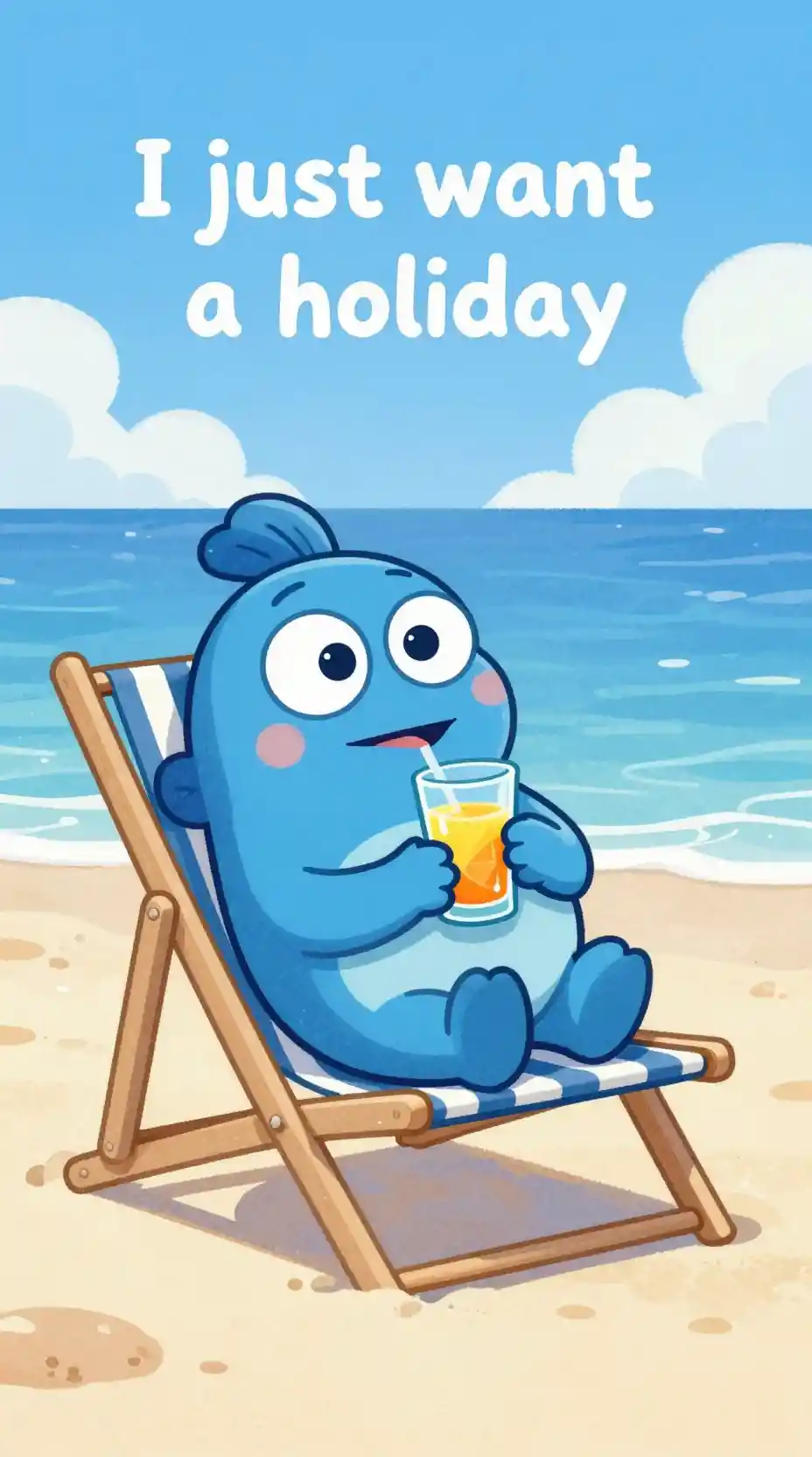 Cute blue fish relaxing on a beach chair with juice