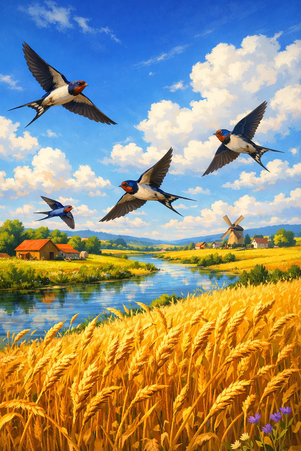 Swallows Flying Over Countryside River And Wheat Fields