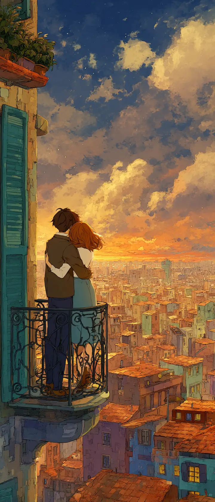 Anime couple sharing a quiet moment on a city balcony