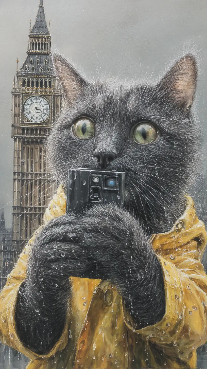 Gray cat taking a selfie by big ben in rain