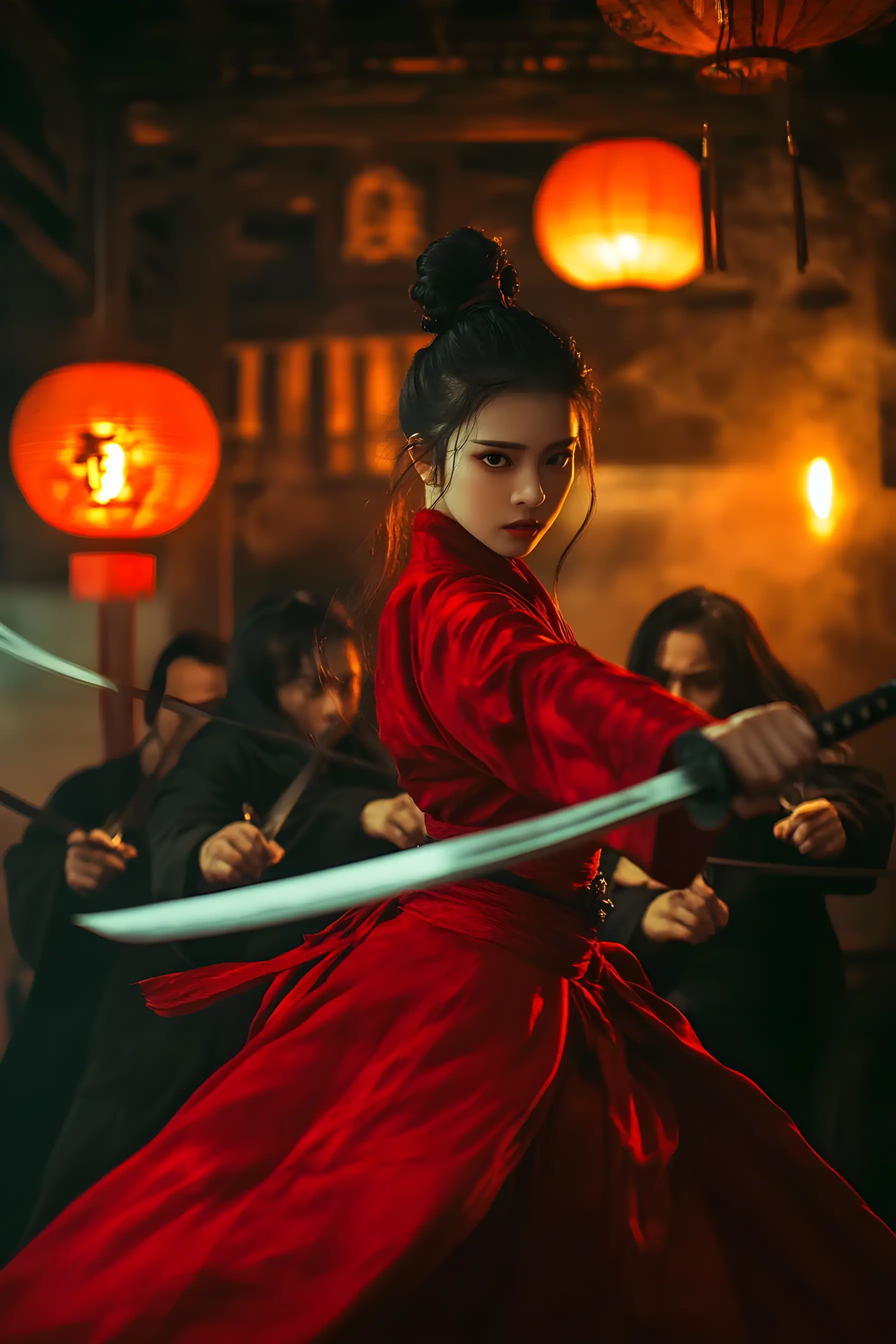 Fierce warrior woman fighting in ancient tavern
