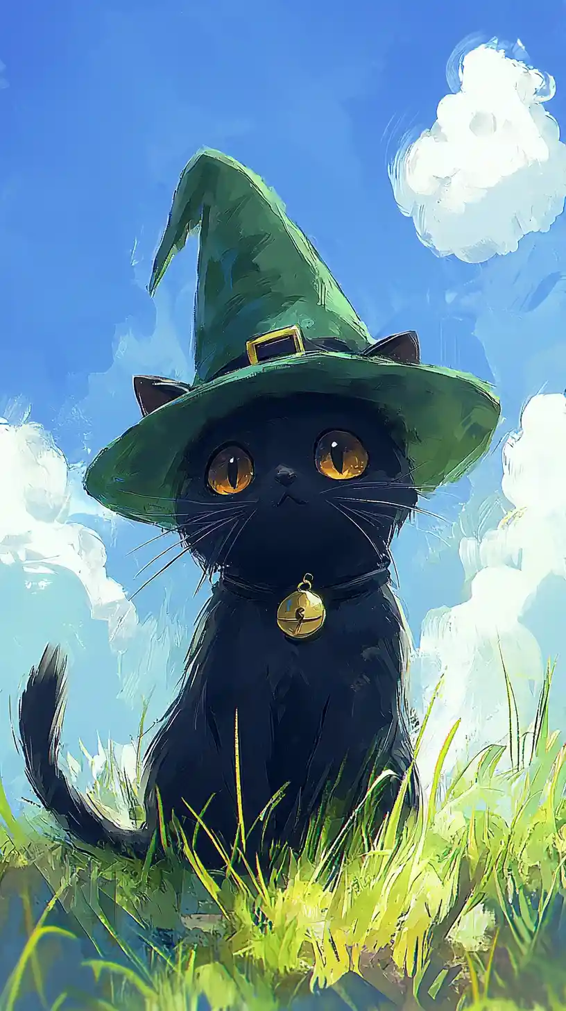 Gatto nero carino con cappello da strega in un prato verde